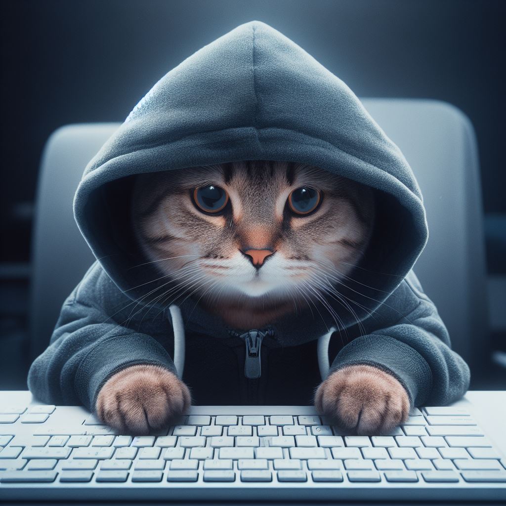 A cat typing on a computer keyboard, wearing a hoodie; it's face is partially obscured.